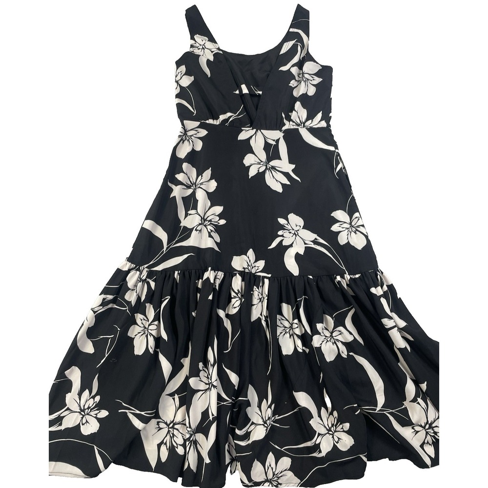 Willow Black/Grey Floral V-Back Ruffled Sleeveless Midi Sun Dress SZ Lg